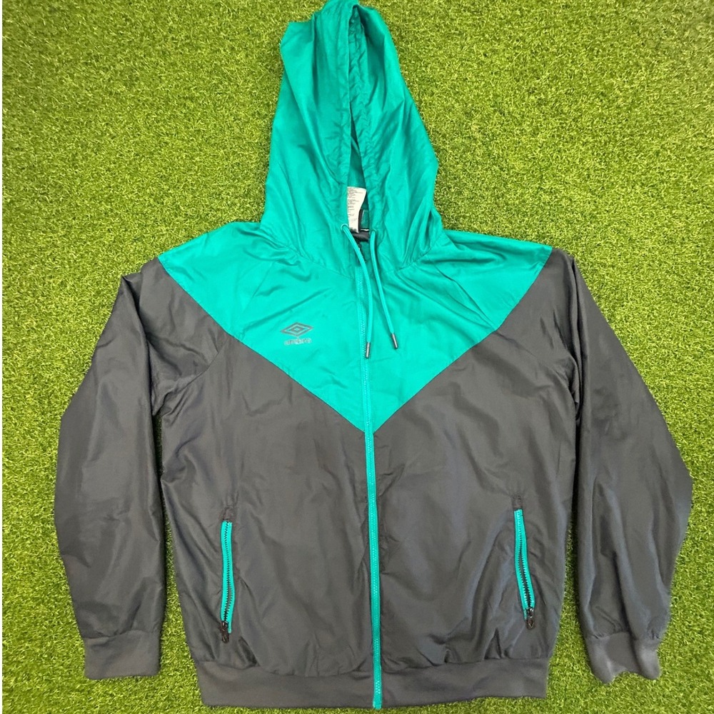 Umbro Mens XL Windbreaker Jacket Full Zip Hooded Teal Grey Chevron Soccer Sport